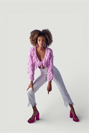 Crop Model Bağlamalı Kol Detaylı Elsa Bluz Pembe