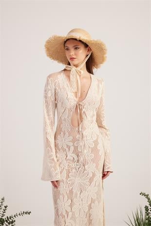 Çiçek Motifli Uzun Zeya Triko Elbise Bej