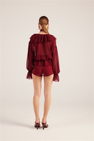 Fırfırlı Güllü Choker Aksesuarlı Şifon Sassy Gömlek Bordo 