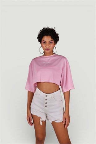 Bisiklet Yaka Holly Crop Tshirt Pembe