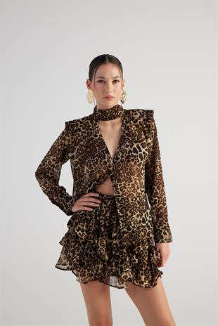 Şal Yakalı Leopar Desenli Kaia Gömlek Kahve