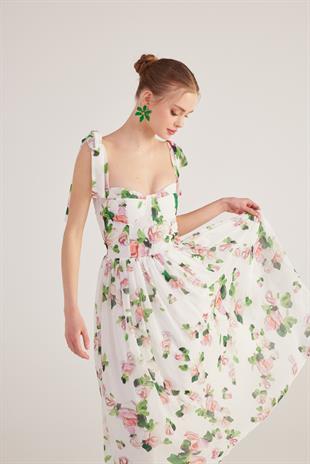 Çiçek Desenli Gloplu Uzun Şifon Donatella Elbise Beyaz