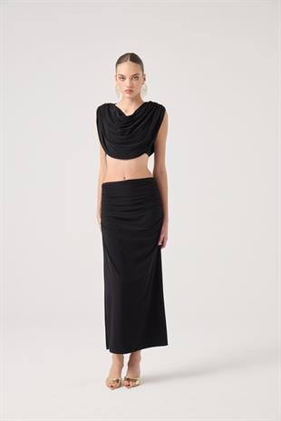 Pelerinli Askılı Büstiyerli ve Uzun Etekli 3lü Yulia Takım Siyah