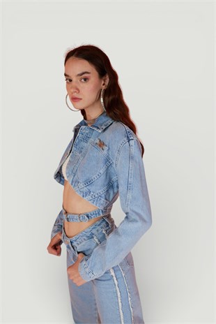 Crop Model Düğme Kapamalı Biana Jean Ceket Mavi
