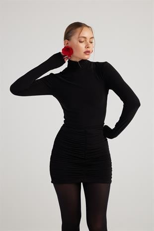 Balıkçı Yaka Büzgülü Mini Tami Elbise Siyah