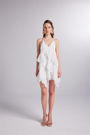 Fırfır Detaylı Bel Dekolteli Şifon Capri Elbise Beyaz