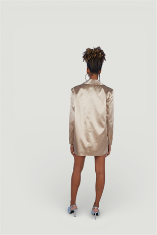 Vatkalı Uzun Kol Astarlı Saten Fancy Blazer Ceket Bej