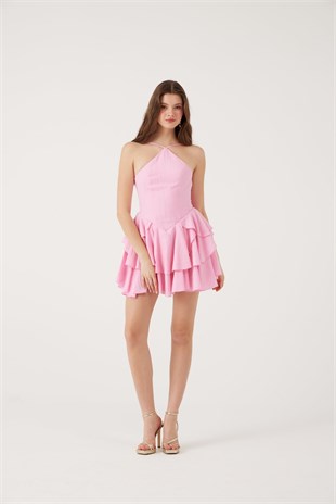 Fırfırlı Halter Yaka Mini Keira Elbise Pembe