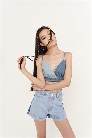 Yüksek Bell, Çift Renkli Mini Ocean Jean Şort Mavi