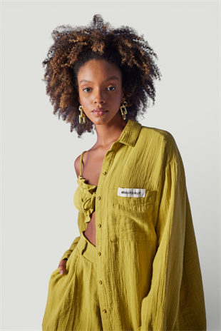 Oversize Model Düğme Kapamalı Playa Gömlek Yeşil