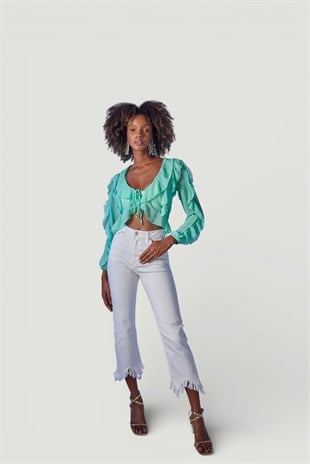 Crop Model Bağlamalı Kol Detaylı Elsa Bluz Yeşil