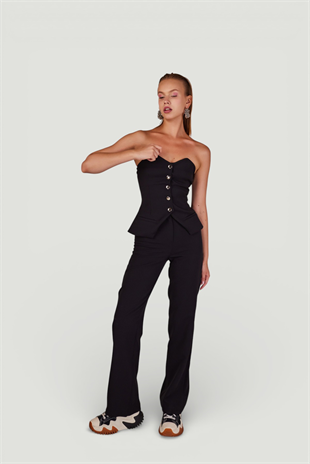 Straplez Kesim Astarlı Panky Bluz Siyah