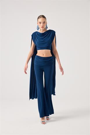 Şal Detaylı Bluz ve İspanyol Pantolonlu Finley Takım Mavi