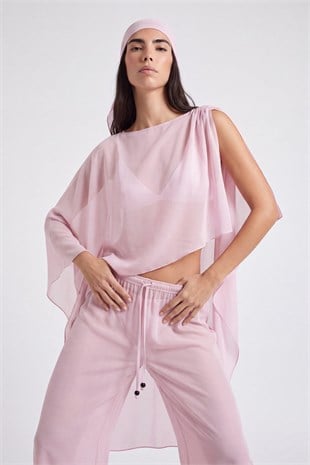 Pelerinli Şal Detaylı Pantolonlu Şifon Harper Takım Pembe