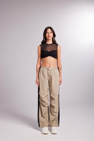 Bel ve Paçası Ayarlanabilir Lastikli Çift Renk Bicolor Paraşüt Pantolon Bej