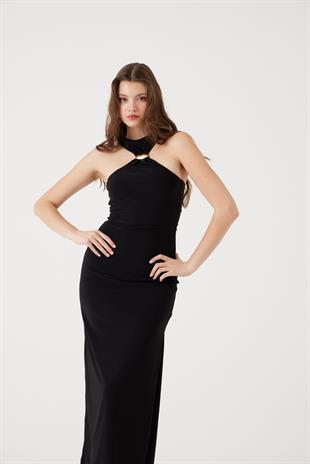 Boynu Aksesuarlı Uzun Jana Elbise Siyah