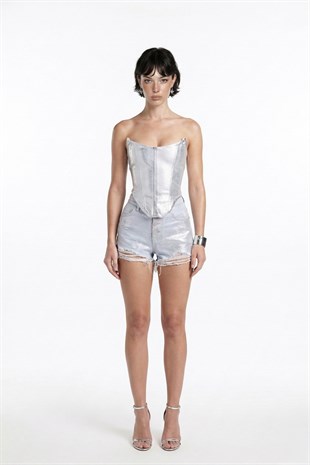 Parlak Kaplamalı Glossy Jean Büstiyer Mavi