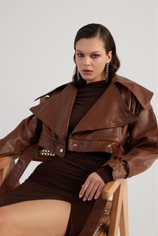 Crop Model Astarlı Kemerli Neeko Deri Ceket Kahverengi