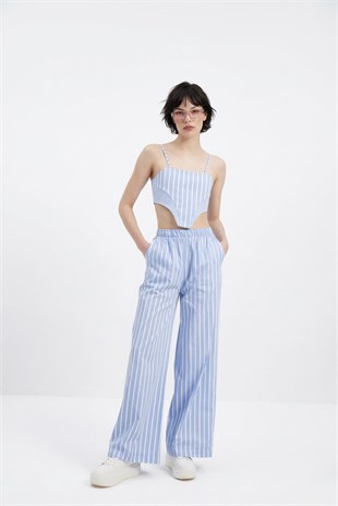 Askılı Çizgili Harmony Poplin Büstiyer Mavi