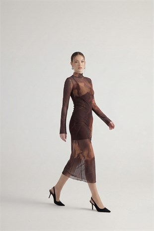 Astarlı Yarım Balıkçı Tül Kamille Elbise Kahverengi