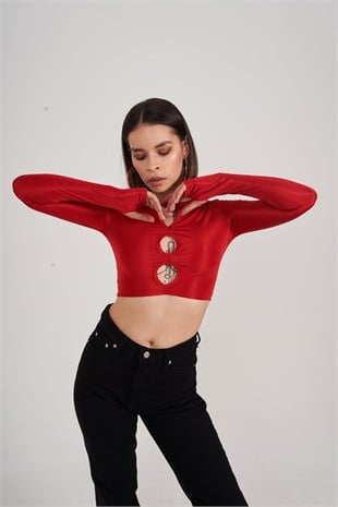 Bisiklet Yaka Uzun Kol Göğüs Detaylı Crop Frank Bluz Kırmızı