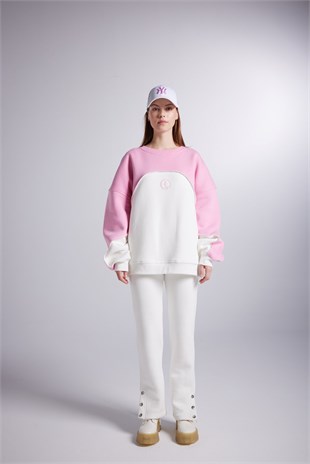 Şardonlu 3 İplik Kumaş Logolu Oversize Nola Sweatshirt Beyaz