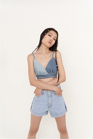 Yüksek Bell, Çift Renkli Mini Ocean Jean Şort Mavi