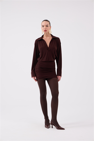 Eteği Büzgü Detaylı Gömlek Yaka Jaida Elbise Kahve