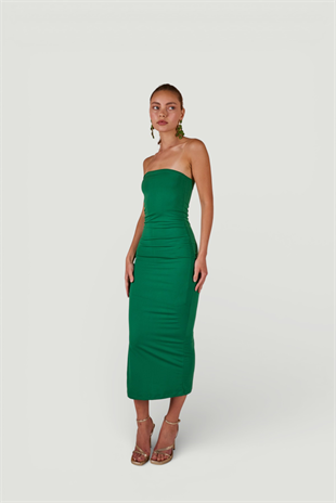Yırtmaçlı Straplez Midi Bodycon Elbise Yeşil