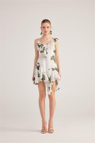 Asimetrik Kesim Sırt Dekolteli Çiçekli Gigi Elbise Beyaz