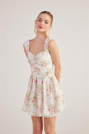 Eteği Brode Detaylı Çiçekli Mini Romance Elbise Pembe