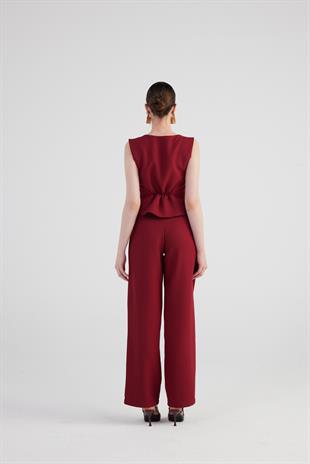 Geniş Paça Pilili Yüksek Bel Palazzo Giselle Pantolon Bordo
