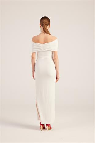 Madonna Yaka Yırtmaçlı Uzun Leila Elbise Beyaz