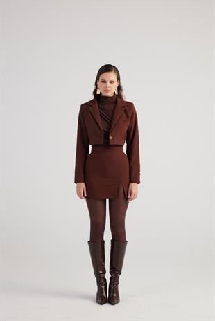 Yırtmaçlı Mini Panky Etek Kahve