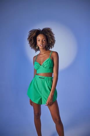 Yüksek Bel Lastikli Leti Şort Yeşil