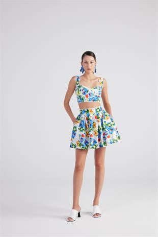 Desenli Cepli Mini Ravello Etek Mavi