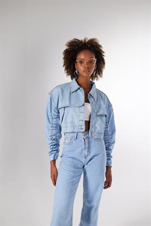 Crop Model Düğmeli Crespo Ceket Mavi