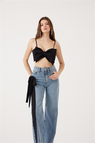 Yüksek Bel Kurdele Detaylı Wide Leg Kyla Jean Pantolon Siyah
