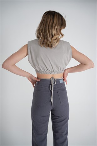 Bel Bağlamalı Crop Candy Tshirt Gri