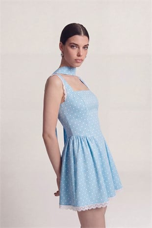 Polka Dot Shawl Detail Lace Mini Yvonne Dress Blue