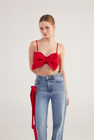 Kurdele Görünümlü Crop Jazmin Bluz Kırmızı