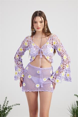 Çiçek Desenli Triko Pareo Doll Takım Lila