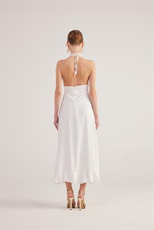 Boyundan Bağlamalı Uzun Singa Elbise Beyaz