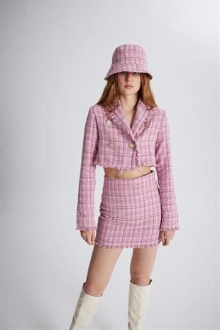 Tüvit Kumaş Logolu Bucket Tweed Şapka Pembe
