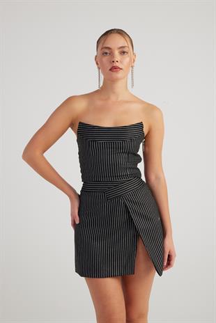 Simli Çizgili Crop Eden Büstiyer Siyah