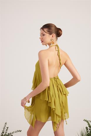 Fırfır Detaylı Şifon Kumaş Mini Ulya Elbise Yeşil