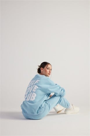 Kadın Mavi Oversize Şardonlu Yazı Baskılı Fluffy Sweatshirt