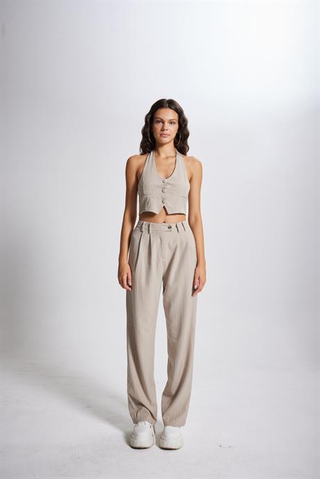 Striped Pantolon Bej