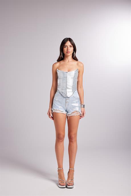 Glossy Jean Şort Mavi