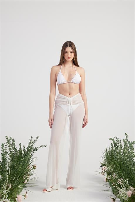 Shirred Pareo Pantolon Beyaz